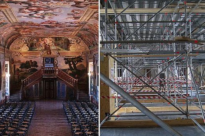 Prelepa viteška dvorana brežiškega gradu bo obiskovalcem znova dostopna šele pred koncem letošnjega leta.