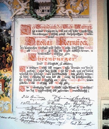 Dokument o podelitvi naziva častnega občana mesta Maribor – prejemnik Ottokar Kernstock
