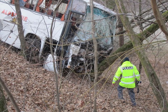 Foto: Tovornjak odtrgal semafor, avtobus pristal v gozdu, štiri osebe huje ranjene
