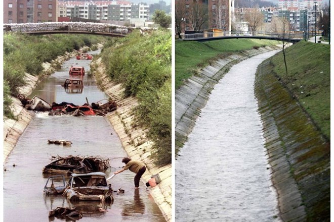 Na zgornji fotografiji, posneti 2.8.1993, Sarajevčanka v reki Dobrinji pere svoje perilo. Na spodnji fotografiji je isti...