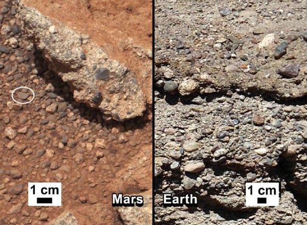 Levo so je površje, ki ga je Curiosity posnel na Marsu, desno pa podobne oblike na Zemlji. Fotografija naj bi dokazovala, da...