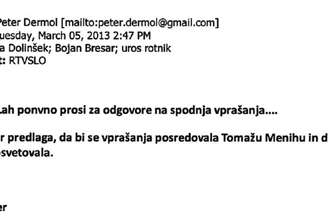 Kopija elektronskega sporočila, ki ga je Peter Dermol, takrat neformalna desna roka začasnega direktorja TEŠ, poslal Urošu...
