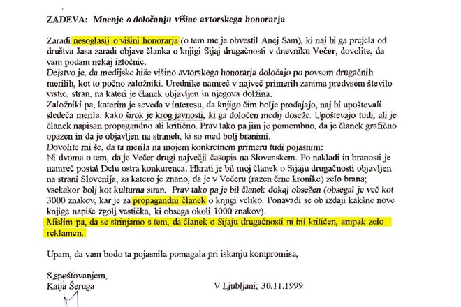 Dopis Katje Šeruga Društvu Jasa iz leta 1999. 
