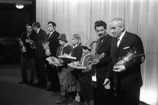 Premiera filma Kekčeve ukane leta 1969 v kinu Union – od desne: režiser Jože Gale, direktor fotografije Rudi Vaupotič, Zlatko...