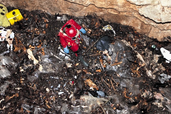 Onesnažena jama Golobina pri Palčju, v kateri je več kot sto kubičnih metrov klavniških odpadkov, kadavrov in drugih...