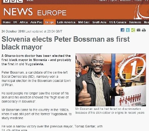 »Slovenija izvolila Petra Bossmana kot prvega temnopoltega župana« je bil včerajšnji naslov na spletni strani BBC.