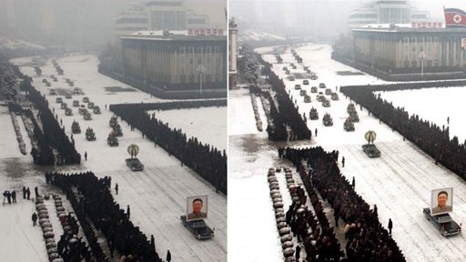 Opazite razliko med desno (uradno) in levo (agencijsko) fotografijo? Severnokorejci so podlegli "čarom" fotomontaže.