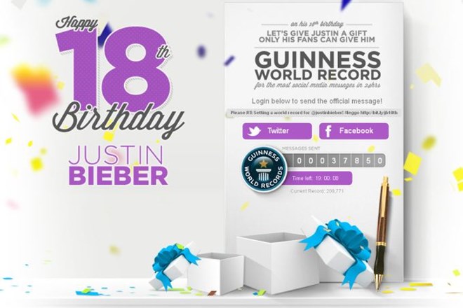 Podiranje rekorda: Justin je do sedaj dobil več kot 37000 spletnih rojstnodnevnih voščil