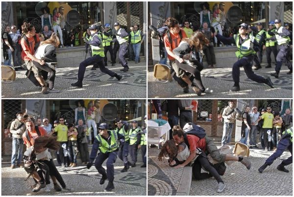 Takole jo je skupina fotoreporterka tiskovne agencije AFP med spremljanjem včerajšnje splošne stavke v Lizboni.