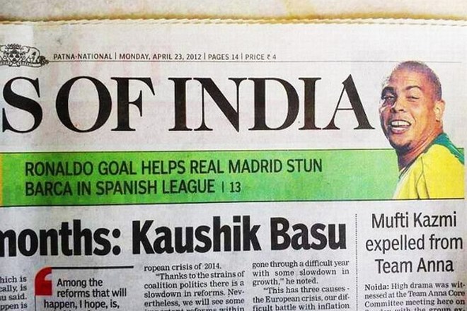 Naslovnico indijskega Timesa je včeraj pomotoma krasil brazilski Ronaldo.
