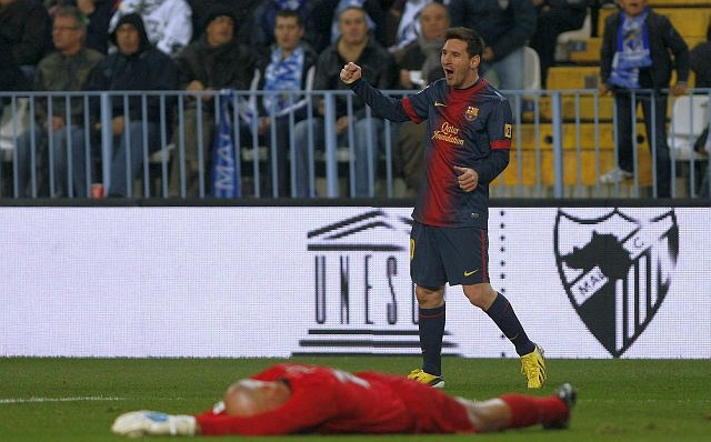Lionel Messi je v 27. minuti kaznoval napako domače obrambe in dosegel vodilni gol za Barcelono. 