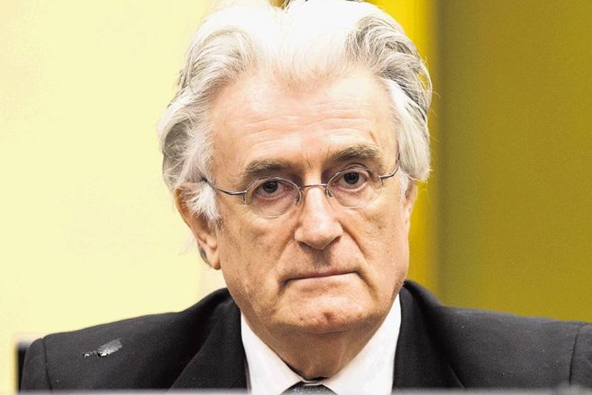 Radovan Karadžić med enim od nastopov na sojenju v Haagu AP 