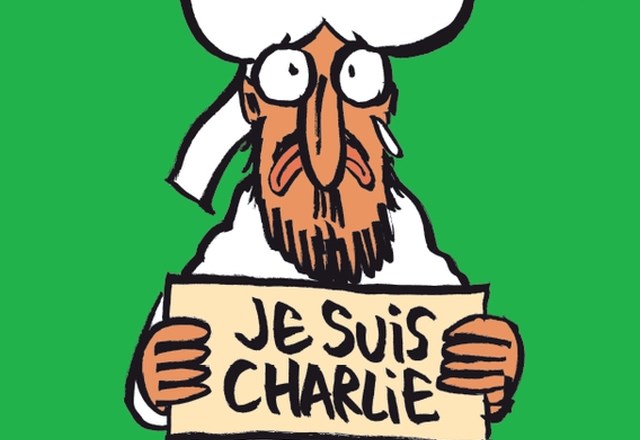 Nova naslovnica s karikaturo jokajočega in užaloščenega islamskega preroka Mohameda. 