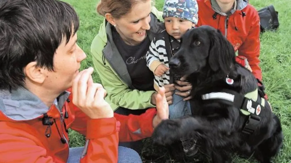 Vodilni trio Zavoda za terapijo s pomočjo psov &ndash; PET: Mojca Debevc, Valentina Horvat Kokelj in Monika Rijavec se zavzemajo, da bi posredovanje s pomočjo psov uzakonili. Na fotografiji jim  delajo družbo &scaron;e &raquo;vrstnika&laquo;,  enoletna dolgodlaka prina&scaron;alka in bodoča pasja terapevtka Tessa, ter Valentinin desetmesečni sin Ruben Jakob, ki se odlično razumeta.