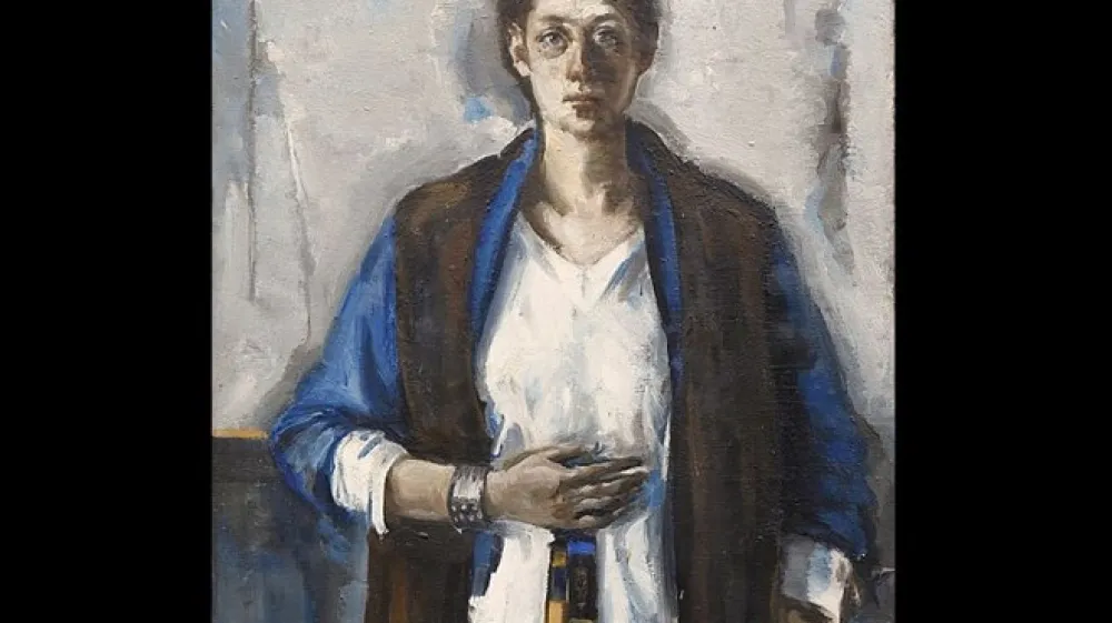 Avtoportret s trakom in čopičem, 1962, olje, platno