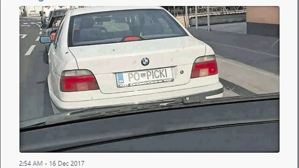 Novinar in bloger Roni Kordi&scaron; - Had na družbenem omrežju twitter objavlja fotografije registrskih tablic z izbranim delom oznake. V množici tablic je mogoče najti  pe&scaron;čico takih, ki bi jih lahko označili za žaljive.