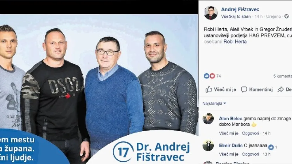 Predvolilna ali zastra&scaron;evalna kampanja? Mariborski župan Andrej Fi&scaron;travec, doktor sociologije in strokovnjak za antropozofijo, nagovarja mariborske volilke in volilce s skupinskim fotografiranjem v družbi obsojenih nasilnežev in vodstvom navija&scaron;ke skupine Viole.