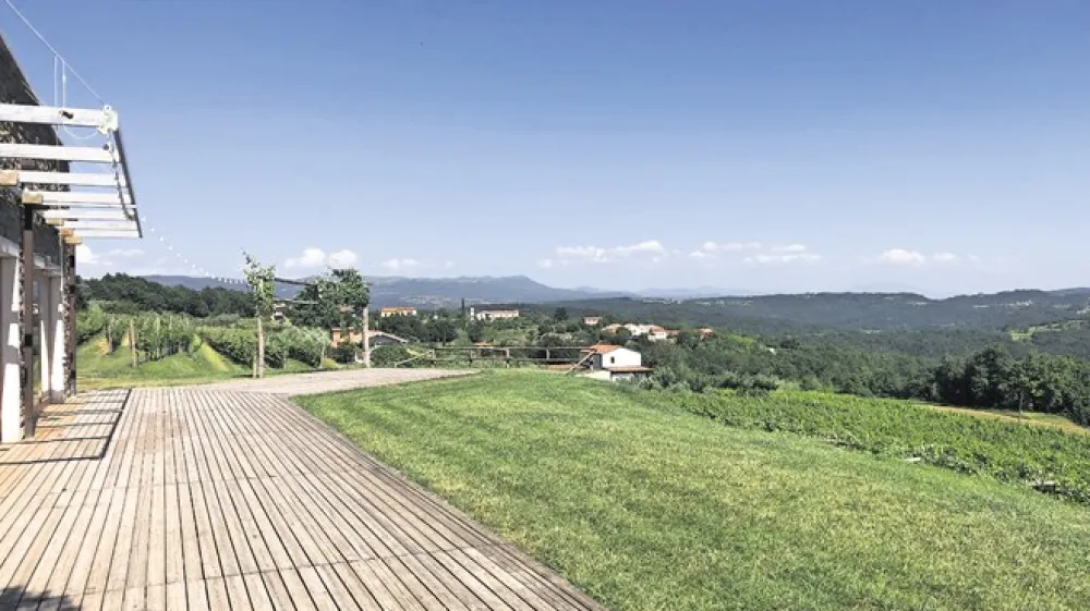 Izpred vinske kleti Rodica v Tru&scaron;kah se odpirajo pogledi za bogove.