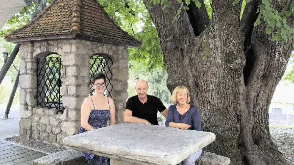 Znameniti Plečnikov vodnjak in kamnita miza pod mogočno starodavno lipo