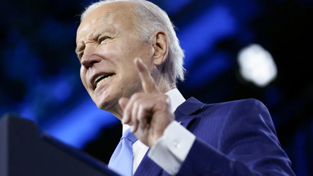 President Joe Biden speaks at the National League of Cities Congressional City Conference, Monday, March 14, 2022, in Washington. (AP Photo/Patrick Semansky)