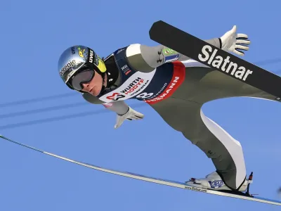 Slovenia's Domen Prevc in action during the Ski Jumping World Cup in Vikersund, Norway, Friday, March 11, 2022. (Terje Bendiksby/NTB via AP)