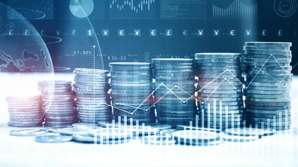 Stack of money coin with trading graph for finance investor. Cryptocurrency digital economy. Financial investment background concept. 3d rendering