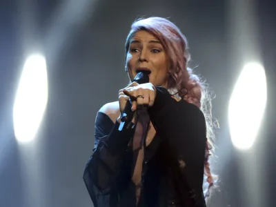 Lea Sirk from Slovenia performs the song 'Hvala, ne!' in Lisbon, Portugal, Saturday, May 12, 2018 during the Eurovision Song Contest grand final. (AP Photo/Armando Franca)