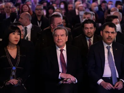 Former German Chancellor Gerhard Schroder and his wife So-yeon Schroder-Kim attend a business forum in Kocaeli, Turkey, March 24, 2022. REUTERS/Umit Bektas