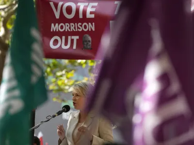 Tanya Plibersek, Labor Party shadow minister for education and shadow minister for women, speaks during the May Day rally in Sydney, Sunday, May 1, 2022. (AP Photo/Rick Rycroft)