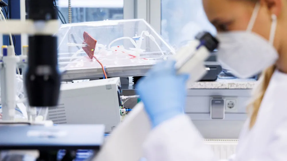 An employee of the vaccine company Bavarian Nordic works in a laboratory of the company in Martinsried near Munich, Germany, May 24, 2022. The company, headquartered in Denmark, is the only one in the world to have approval for a smallpox vaccine called Jynneos in the U.S. and Imvanex in Europe, which is also effective against monkeypox. REUTERS/Lukas Barth 