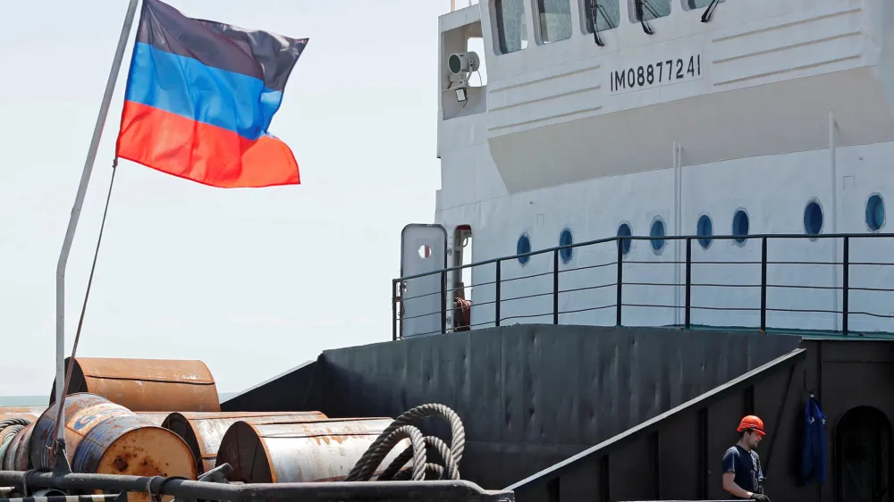 Steel rolls are stacked on board the RM 3 cargo ship at the Port of Mariupol, during Ukraine-Russia conflict in the southern city of Mariupol, Ukraine May 30, 2022. REUTERS/Alexander Ermochenko