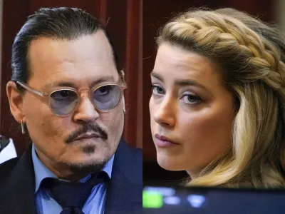 This combination of two separate photos shows actors Johnny Depp, left, and Amber Heard in the courtroom for closing arguments at the Fairfax County Circuit Courthouse in Fairfax, Va., on Friday, May 27, 2022. Depp is suing Heard after she wrote an op-ed piece in The Washington Post in 2018 referring to herself as a "public figure representing domestic abuse." (AP Photos/Steve Helber, Pool)