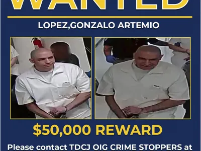 These May 12, 2022, photos of a Wanted poster provided by the Texas Department of Criminal Justice shows Gonzalo Lopez. Authorities say that Lopez, a Texas inmate serving a life sentence for murder who is still on the run after escaping from a transport bus last week got out of his restraints and a caged area before stabbing the driver. (Texas Department of Criminal Justice via AP)