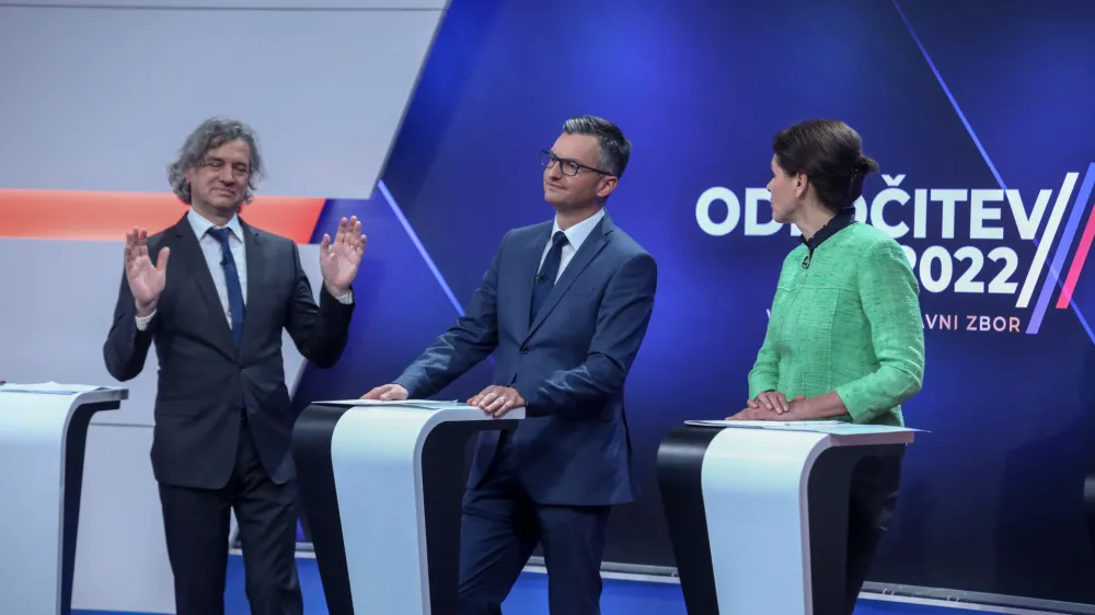 predsednik Gibanje Svoboda dr. Robert Golob, predsednik LMŠ Marjan Šarec, predsednica SAB Alenka Bratušek<br><br>- 28.03.2022 – Parlamentarne volitve 2022 – televizijsko soočenje predsednikov parlamentarnih strank na POP TV<br><br> <br><br>//FOTO: Luka Cjuha