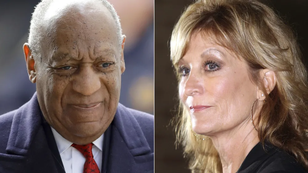 Bill Cosby arrives for his sexual assault trial in Norristown, Pa. on April 20, 2018, left, and Judy Huth appears at a news conference outside the Los Angeles Police Department's Wilshire Division station in Los Angeles on Dec. 5, 2014. Jurors at a civil trial found Tuesday, June 21, 2022, that Cosby sexually abused Huth when she was 16, at the Playboy Mansion in 1975. (AP Photo/File)