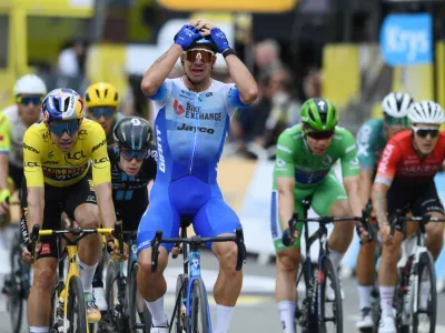 Cycling - Tour de France - Stage 3 - Vejle to Sonderborg - Denmark - July 3, 2022 Team Bikeexchange-Jayco's Dylan Groenewegen celebrates winning stage 3 REUTERS/Annegret Hilse