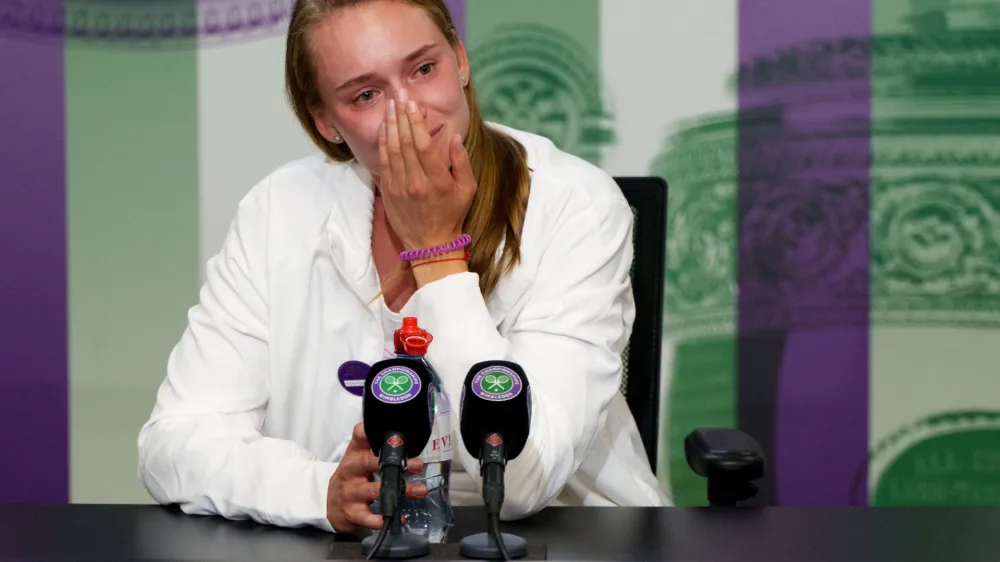 09 July 2022, United Kingdom, London: Kazakh tennis player Elena Rybakina gives a press conference in the Main Interview Room following her victory over Tunisia's Ons Jabeur in their women's singles final match on day thirteen of the 2022 Wimbledon Grand Slam tournament at the All England Lawn Tennis and Croquet Club. Photo: Joe Toth/PA Wire/dpa