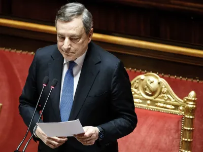 FILE - Italian Premier Mario Draghi addresses the Senate in Rome, Tuesday, June 21, 2022. Pleas were piling up in Italy on Sunday, July 17, 2022 aimed at persuading Draghi to stay in office instead of resigning as he tried to do last week after being betrayed by a major coalition partner. (Roberto Monaldo/LaPresse via AP, File)