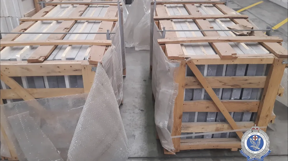 In this photo released on Aug. 26, 2022, by the New South Wales Police Force marble tiles are stored in a facility in Sydney, Australia. Authorities have found 1.8 metric tons (2 U.S. tons) of methamphetamine hidden in marble tiles shipped from the Middle East to Sydney in what police describe as the largest-ever seizure of the illicit drug in Australia. (New South Wales Police via AP)
