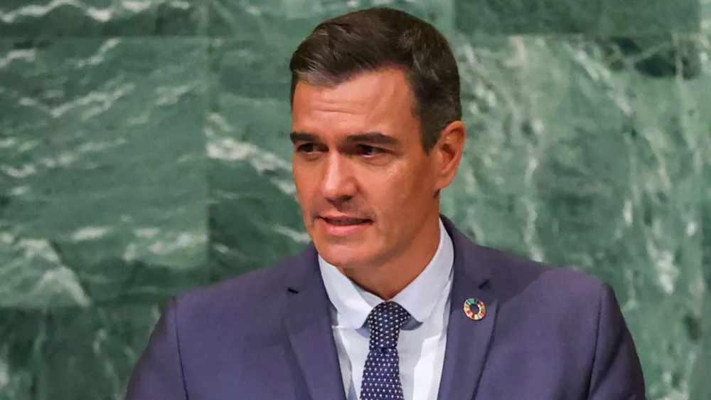 Spanish Prime Minister Pedro Sanchez addresses the 77th Session of the United Nations General Assembly at U.N. Headquarters in New York City, U.S., September 22, 2022. REUTERS/David 'Dee' Delgado
