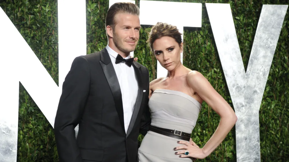 David Beckham and Victoria Beckham arrive at the Vanity Fair Oscar party on Sunday, Feb. 26, 2012, in West Hollywood, Calif. (AP Photo/Evan Agostini)