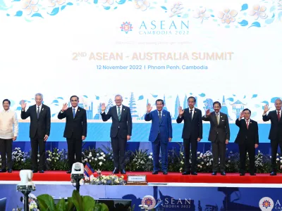 Phillipines President Ferdinand "Bongbong" Marcos, Singapore's Lee Hsien Loong, Thailand's Prime Minister Prayuth Chan-ocha, Australia's Prime Minister Anthony Albanese, Cambodia's Prime Minister Hun Sen, Indonesia's President Joao Widodo, Brunei's Sultan Hassanal Bolkiah, Laos Prime Minister Phankham Viphavanh, Malaysia's Dewan Rakyat speaker Tan Sri Azhar Azizan Harun pose for a photograph during the The Association of Southeast Asian Nations ASEAN Summit in Phnom Penh in Cambodia, Saturday, November 12, 2022. (AAP Image/Mick Tsikas) NO ARCHIVING