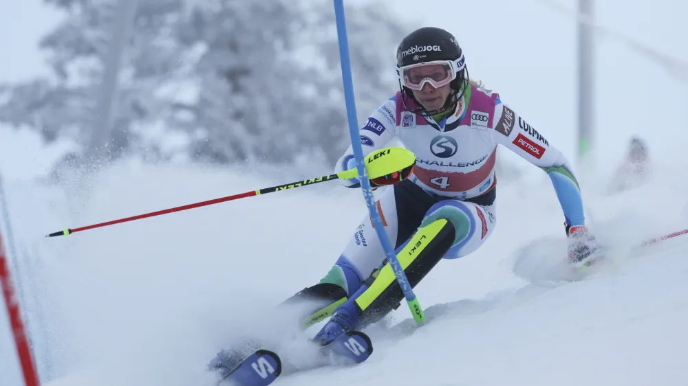 Slovenia's Ana Bucik speeds down the course during an alpine ski, women's World Cup slalom, in Levi, Finland, Saturday, Nov. 19, 2022. (AP Photo/Alessandro Trovati)