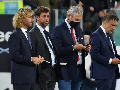 FILE PHOTO: Soccer Football - Serie A - Juventus v AC Milan - Allianz Stadium, Turin, Italy - September 19, 2021 Juventus's president Andrea Agnelli and vice chairman of the board of directors Pavel Nedved before the match REUTERS/Massimo Pinca/File Photo