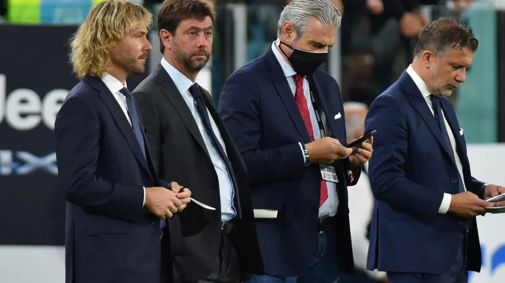 FILE PHOTO: Soccer Football - Serie A - Juventus v AC Milan - Allianz Stadium, Turin, Italy - September 19, 2021 Juventus's president Andrea Agnelli and vice chairman of the board of directors Pavel Nedved before the match REUTERS/Massimo Pinca/File Photo