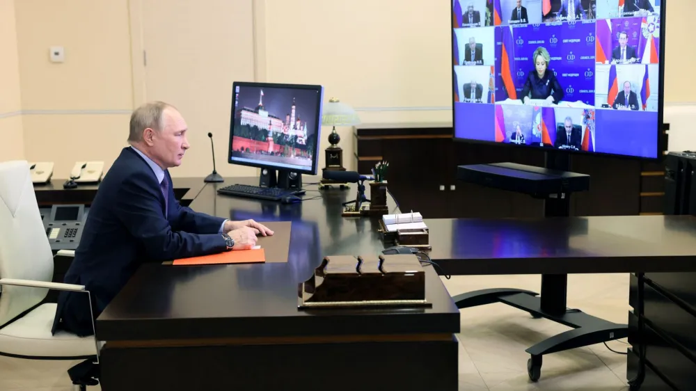 Russian President Vladimir Putin chairs a meeting with members of the Security Council via a video link from the Novo-Ogaryovo state residence outside Moscow, Russia December 2, 2022. Sputnik/Aleksey Babushkin/Kremlin via REUTERS ATTENTION EDITORS - THIS IMAGE WAS PROVIDED BY A THIRD PARTY.