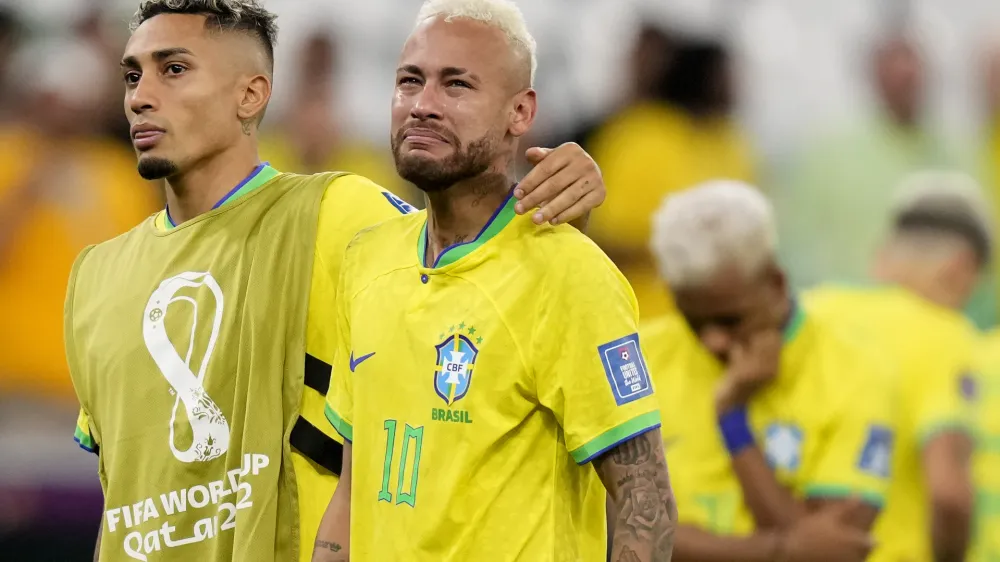 Brazil's Neymar cries at the end of the World Cup quarterfinal soccer match between Croatia and Brazil, at the Education City Stadium in Al Rayyan, Qatar, Friday, Dec. 9, 2022. (AP Photo/Darko Bandic)