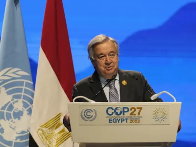 FILE - United Nations Secretary-General Antonio Guterres speaks during a session at the COP27 U.N. Climate Summit, Nov. 9, 2022, in Sharm el-Sheikh, Egypt. Guterres urged world leaders to take "credible" new action to curb climate change, warning that efforts so far fall short of what's needed to avert catastrophe. (AP Photo/Peter Dejong, File)