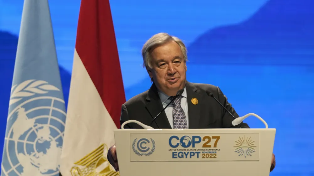 FILE - United Nations Secretary-General Antonio Guterres speaks during a session at the COP27 U.N. Climate Summit, Nov. 9, 2022, in Sharm el-Sheikh, Egypt. Guterres urged world leaders to take "credible" new action to curb climate change, warning that efforts so far fall short of what's needed to avert catastrophe. (AP Photo/Peter Dejong, File)