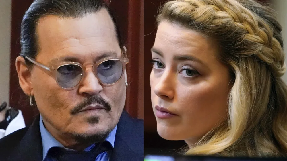 This combination of two separate photos shows actors Johnny Depp, left, and Amber Heard in the courtroom for closing arguments at the Fairfax County Circuit Courthouse in Fairfax, Va., on Friday, May 27, 2022. Depp is suing Heard after she wrote an op-ed piece in The Washington Post in 2018 referring to herself as a "public figure representing domestic abuse." (AP Photos/Steve Helber, Pool)